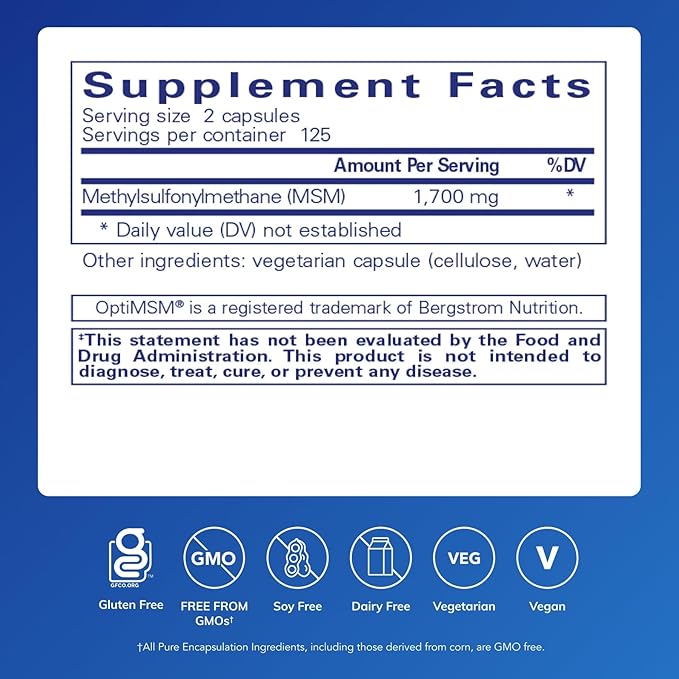 Pure Encapsulations MSM Capsules | Sulfur Supplement to Support Joints, Immune System, Connective Tissue, and Respiratory Health* | 250 Capsules