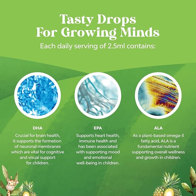 Kids DHA Omega 3 Drops - Fatty Acids Omega 3 6 9 for Brain, Immune Strength & Vision - Nutritional DHA for Kids for Healthy Nervous System & Focus Support - Liquid Supplement with EPA & ALA - 2 Fl Oz