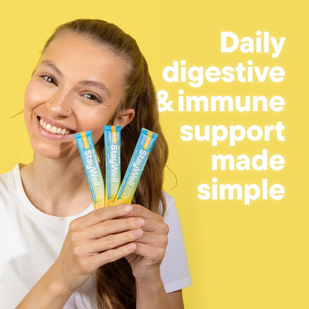 Nouri Daily StayWell Digestive & Immunity Drink Mix | Gut Health, Digestion & Bloating Relief | Probiotics, Prebiotics, Colostrum, L-Glutamine, Magnesium, Zinc, Vitamins | 30 Stick Packs