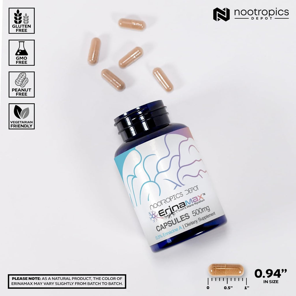 Nootropics Depot Erinamax Lion's Mane 500mg Capsules | Liquid Culture Mycelium | 2.5mg Erinacine A | Mood, Cognition, & Nerve Support | 120 Count