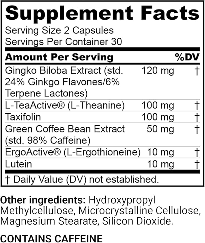 FLT Cognition Supplement – Focus, Improved Memory Recall & Clarity Nootropic with Ergothioneine, L-Theanine, Gingko Biloba, Lutein & Green Coffee Bean Extract – 60 Capsules | Vegan