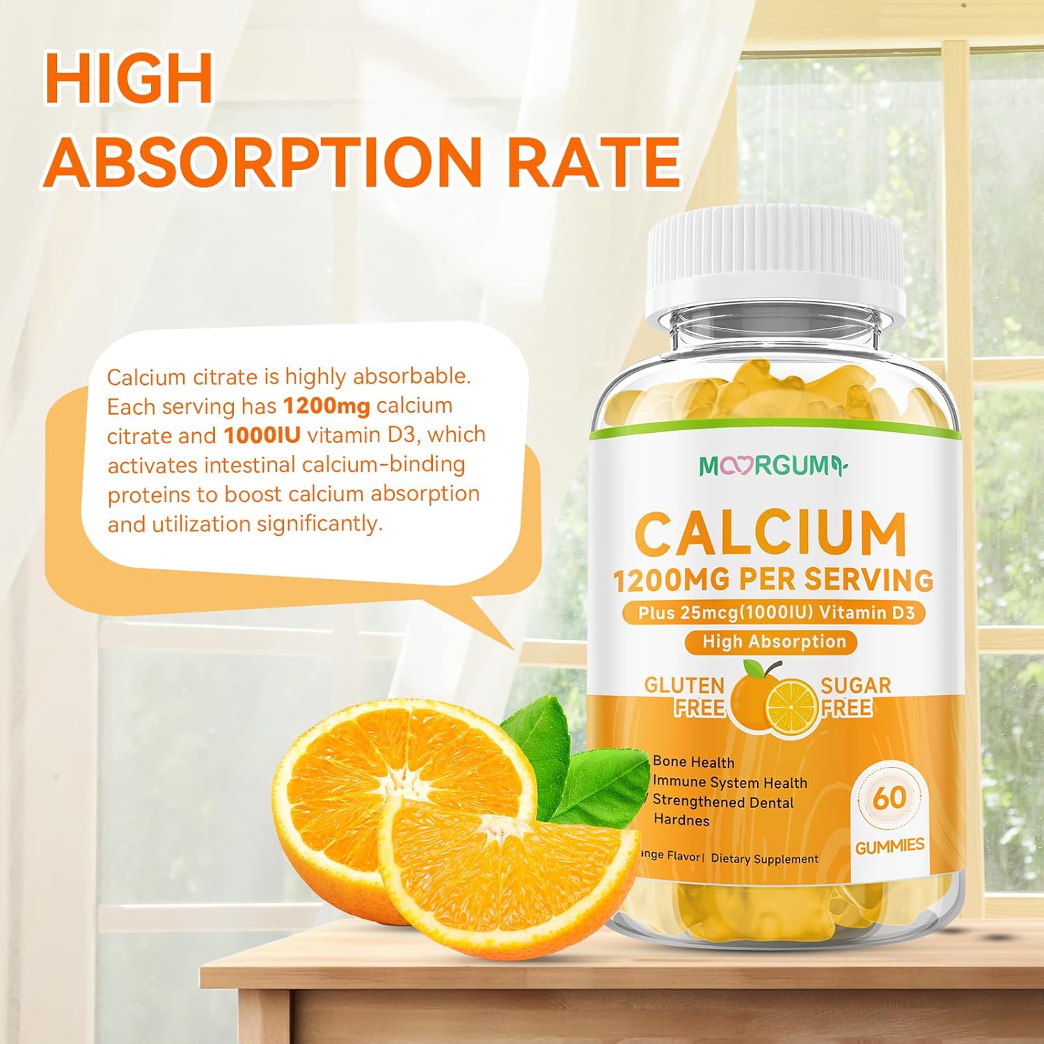 Calcium Citrate Gummies for Kids, Adult - 1200 mg with Vitamin D3 1000IU - Bone, Teeth, Immune System Health, High Absorption Calcium and Vitamin D Supplement, Orange, 60 Count