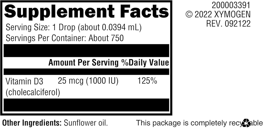XYMOGEN D3 Liquid - Liquid Vitamin D Drops with Vitamin D3 to Support Immune Health, Bone + Heart Health - 1000 IU VIT D per Drop - Micro-Emulsified for Enhanced Absorption (1 fl oz)
