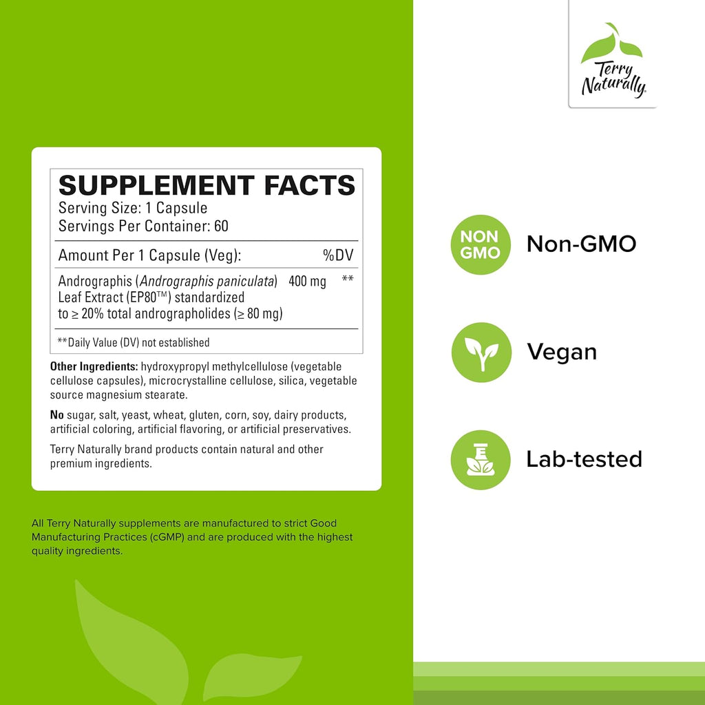 Terry Naturally Andrographis EP80 Extra Strength - Brain Health & Immune Support - Joint Health Supplement to Aid Mobility - Vegan Adaptogen Supplement for Energy & Liver Support - 60 Capsules