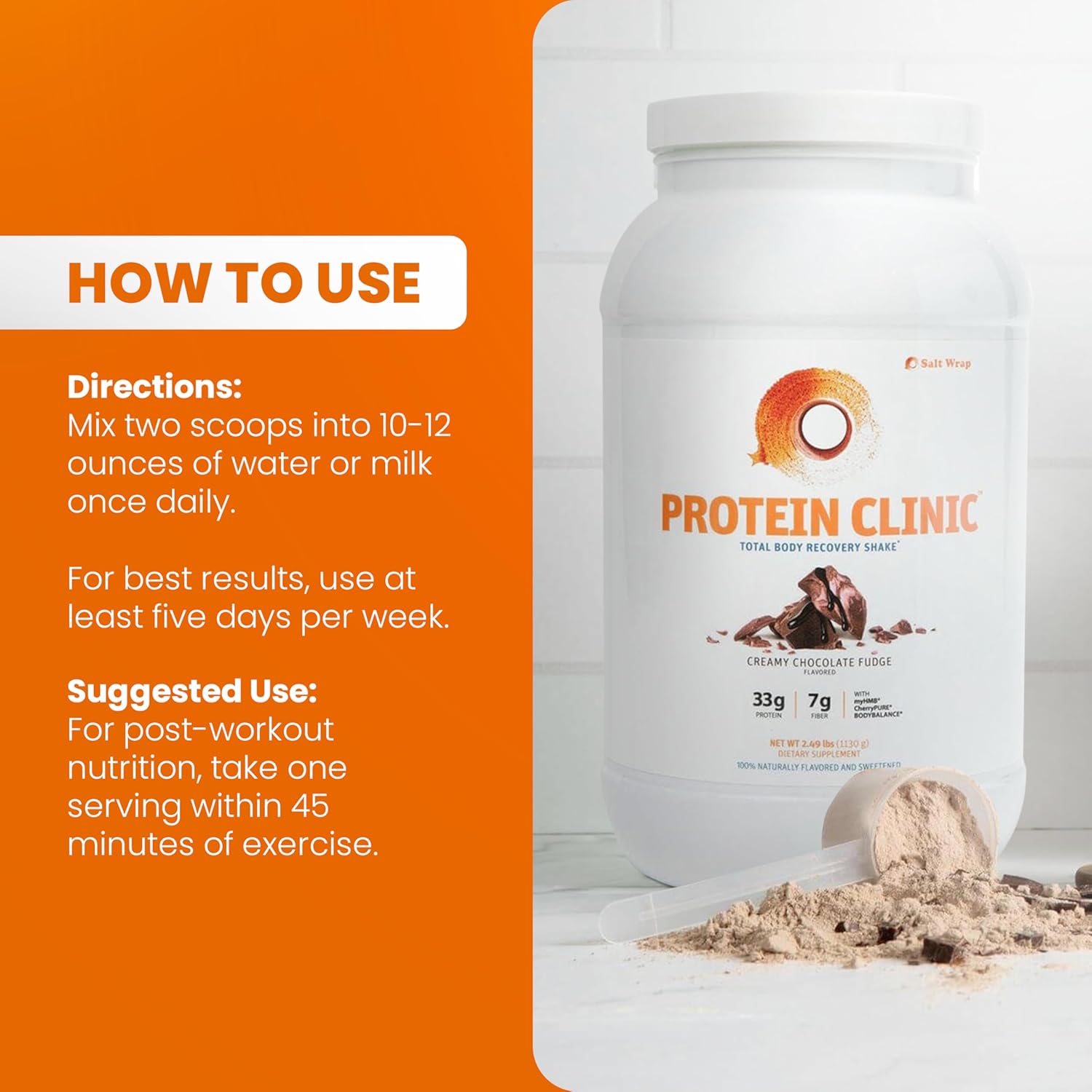 SaltWrap Protein Clinic – Total Body Recovery Shake with Collagen Peptides, HMB, Tart Cherry Extract, Pea Protein Isolate and Prebiotic Fiber for Joints & Muscle Recovery - Creamy Chocolate Fudge