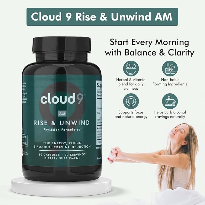 Cloud9 Rise & Unwind AM – Morning Wellness Supplement for Energy, Focus & Vitality Support – Daily Balance with Adaptogens, Brain Health Support & Hydration – Made in USA – 60 Capsules