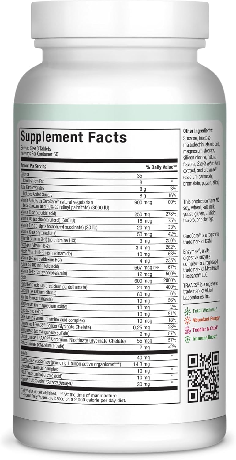Maxi Health Chewable Multivitamin for Kids, Teens and Adults - Cherry Chewable Vitamins for Adults & Children - Kosher Kids Multivitamin + Iron (180 Tablets)