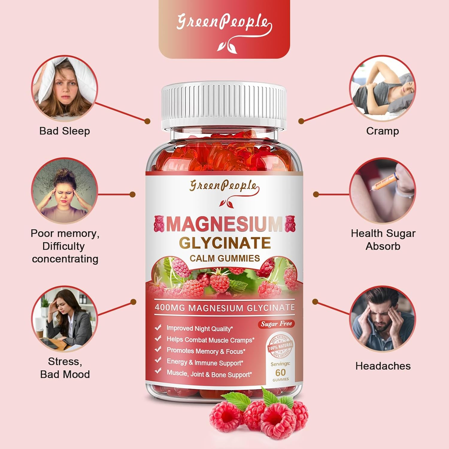 GREENPEOPLE Magnesium Glycinate Gummies 400mg - Sugar Free Magnesium Potassium Supplement with Magnesio Malate, Vitamin D, B6, and CoQ10 for Calm Support & Sleep for Adults - Raspberry Gummies