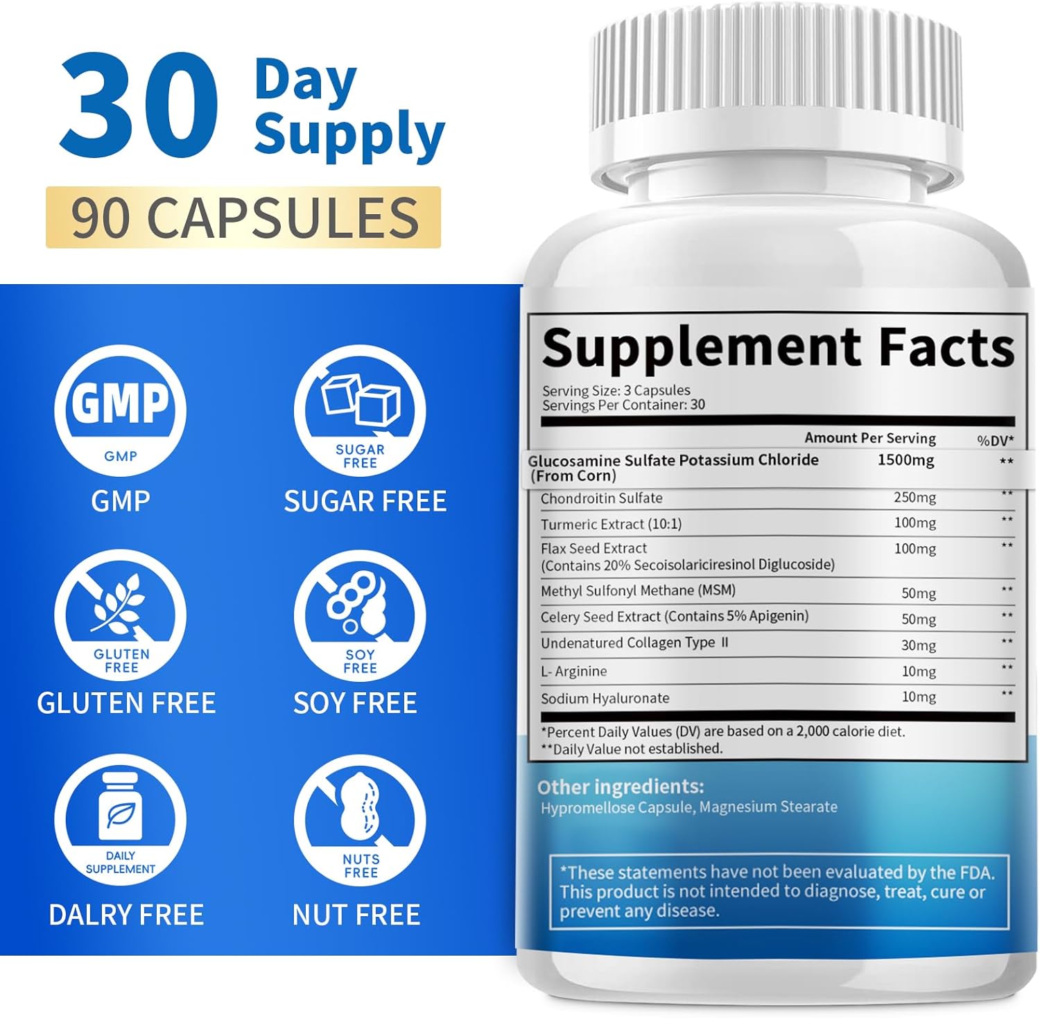 Glucosamine Chondroitin Capsules 1500mg with MSM, Collagen, Turmeric - Joint Support Supplement for Men & Women, Joint Health Antioxidant Support, 90 Capsules