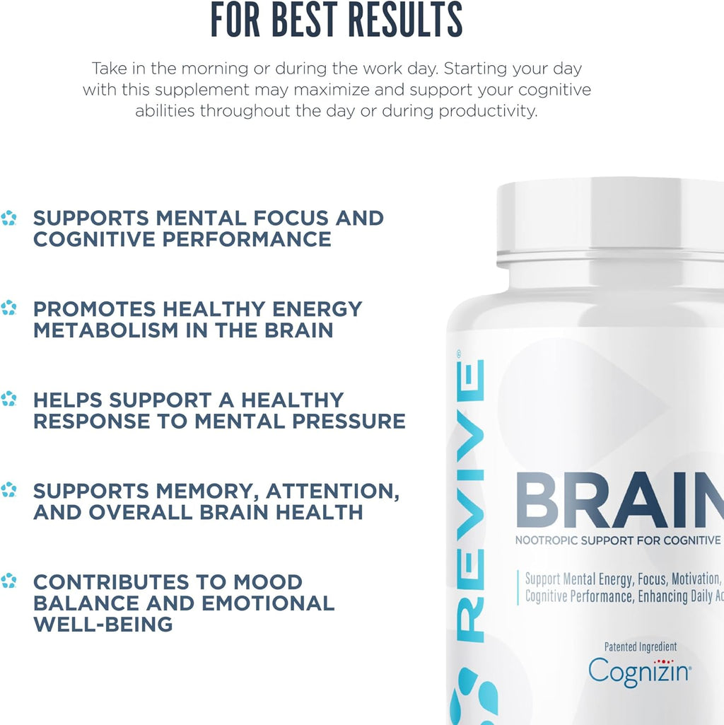 Revive MD Brain Supplements for Memory & Focus, Brain Plus - Stimulant Free Nootropic Supplement for Cognitive Health with Niacin, Vitamin B6 & B12, Acetyl-L-Carnitine HCL & Alpha-GPC- 150 Capsules