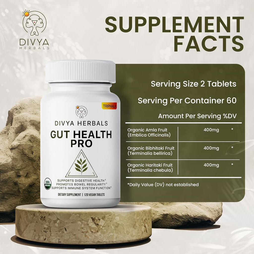 Gut Health Pro - Bloat Relief, Detox & Digestive Support - 100% Pure Organic Triphala Supplement - for Women & Men - Uncoated Vegan Tablets -120Ct
