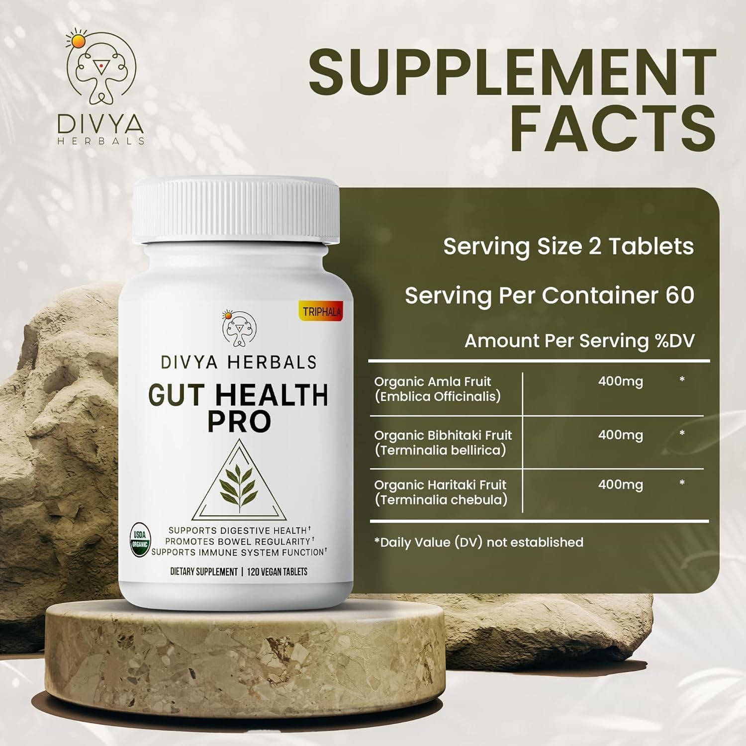 Gut Health Pro - Bloat Relief, Detox & Digestive Support - 100% Pure Organic Triphala Supplement - for Women & Men - Uncoated Vegan Tablets -120Ct