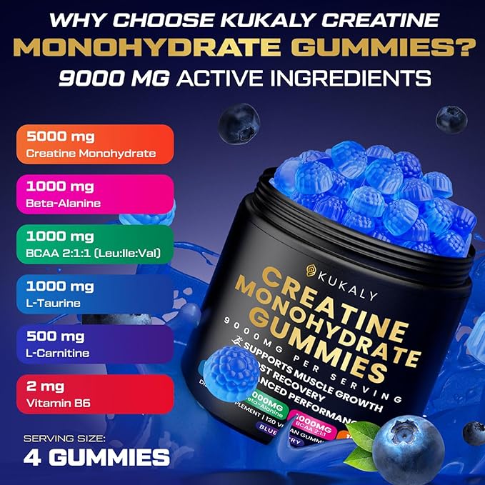 Creatine Monohydrate Gummies for Men & Women, 9000MG Creatine Gummies Sugar Free with L-Taurine, BCAA 2:1, B12 B6 for Boost Strength, Focus & Endurance, Vegan, Non-GMO, Blueberry 120*2 Bottle