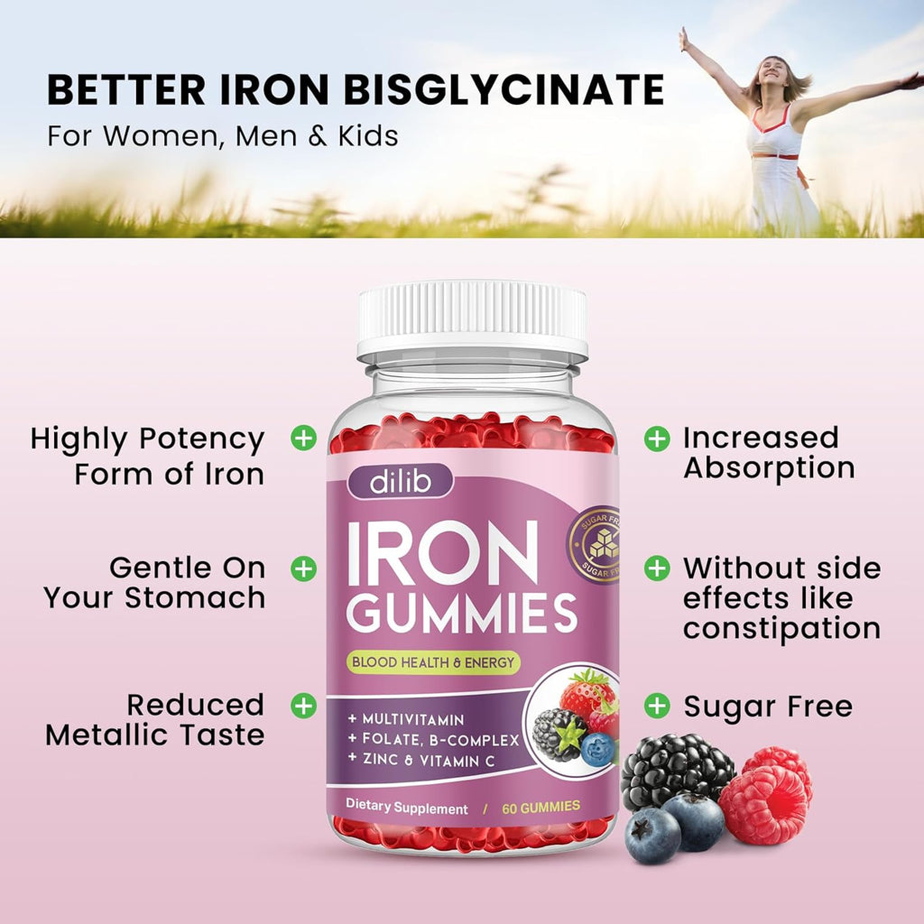 Iron Gummies with Multivitamin, Iron Supplement for Women & Men, Kids Multivitamin with Iron, Zinc, Vitamin B Complex & C, B12, Folate - Blood Builder, Energy Support, Peach Flavor, Vegan 120 Gummies