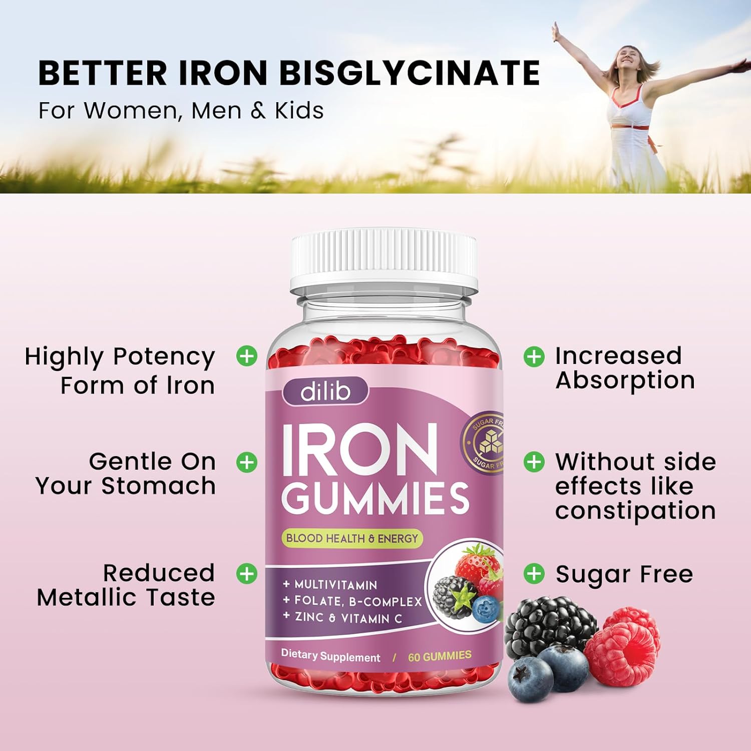 Iron Gummies with Multivitamin, Iron Supplement for Women & Men, Kids Multivitamin with Iron, Zinc, Vitamin B Complex & C, B12, Folate - Blood Builder, Energy Support, Peach Flavor, Vegan 120 Gummies
