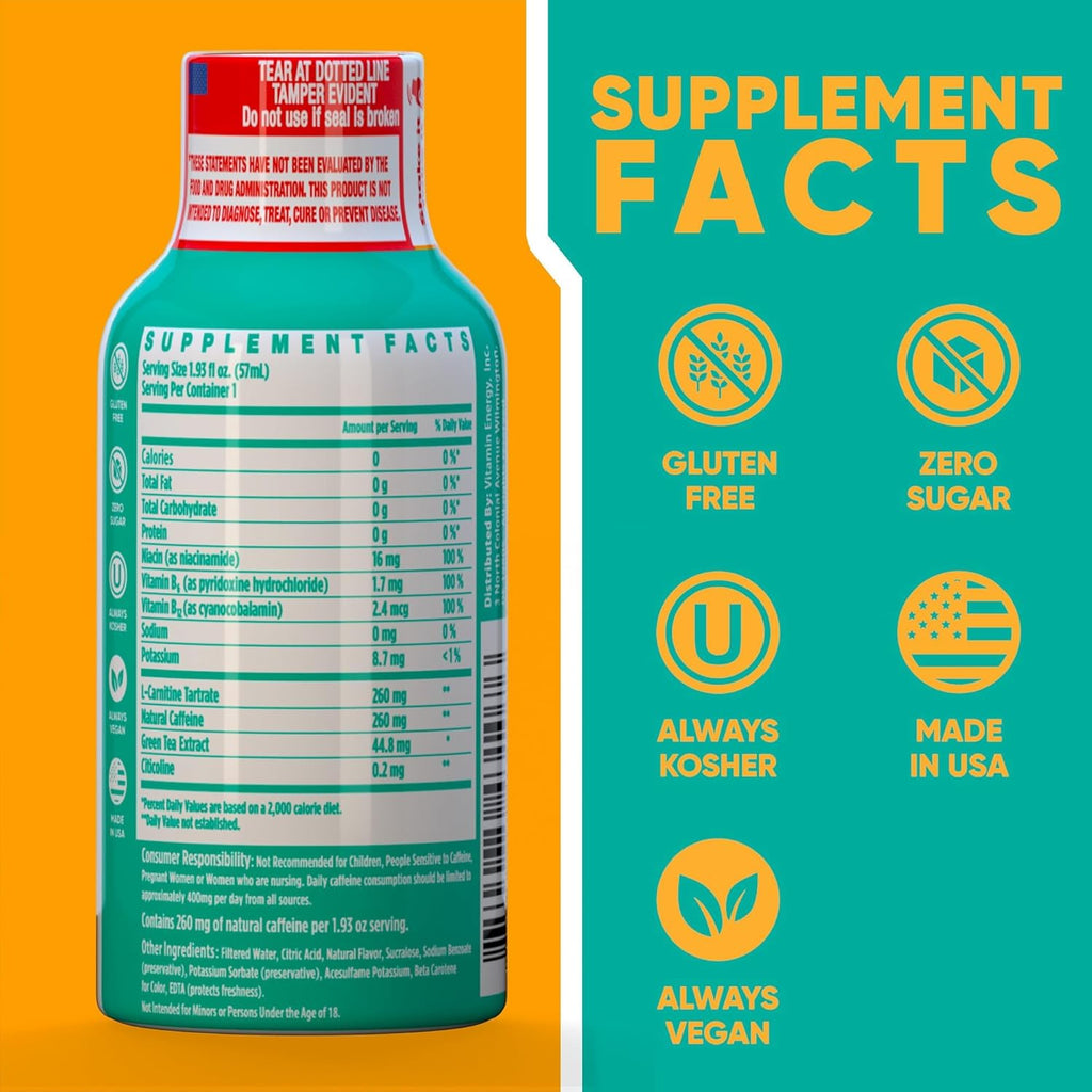 Vitamin Energy Immune+ Extra Strength Energy Shot Pineapple Punch 12 Pack, 260mg Natural Caffeine, B-Vitamins, Citicoline, Green Tea, Immunity & Focus Support, Zero Sugar, Gluten-Free 1.93 fl oz