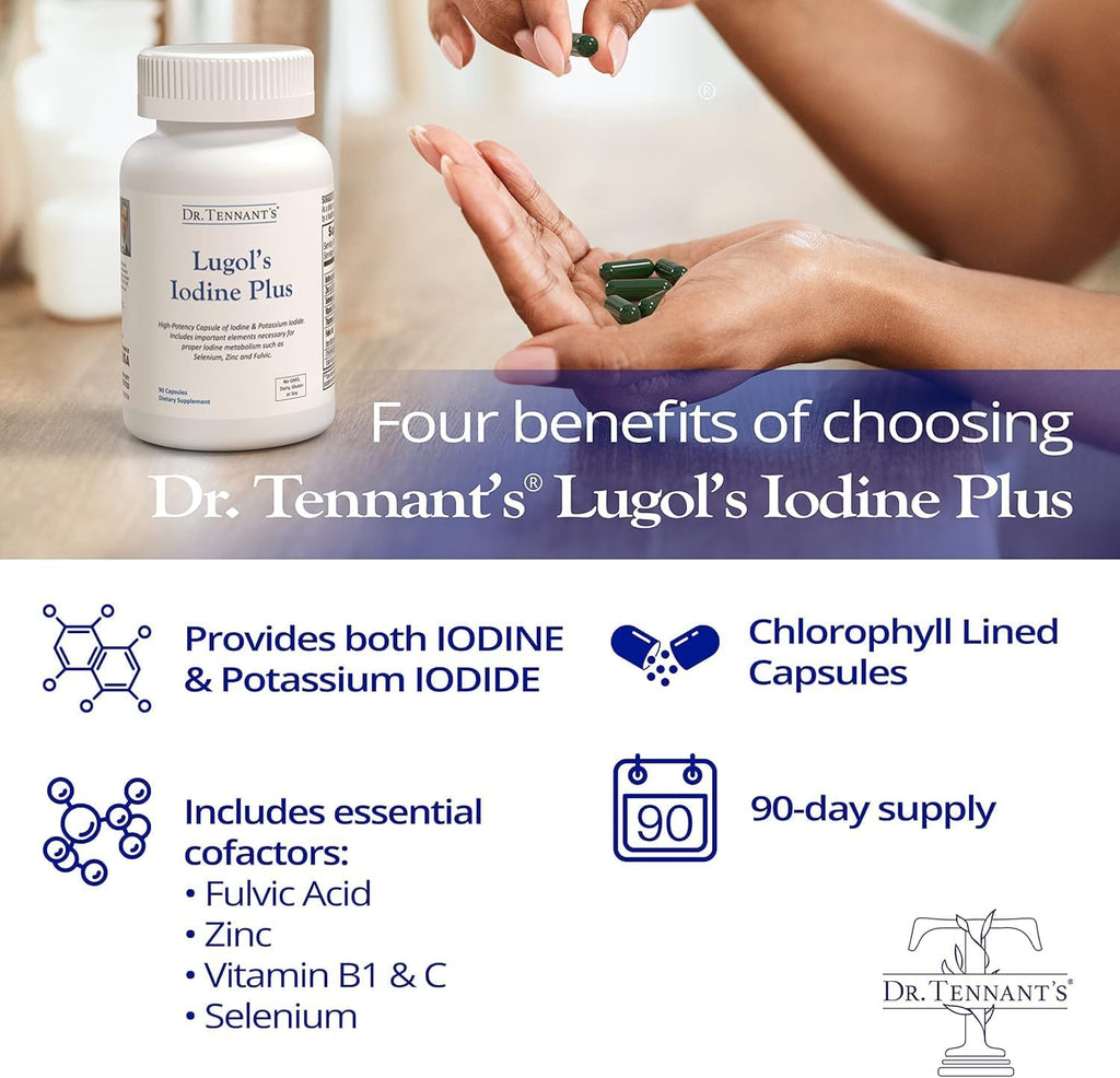Dr. Tennant's Iodine Supplement Plus | Lugol's Iodine & Potassium Iodide with Essential Co-Factors Selenium, Zinc & Fulvic Acid | Supports Thyroid & Breast Health | 90 Capsules