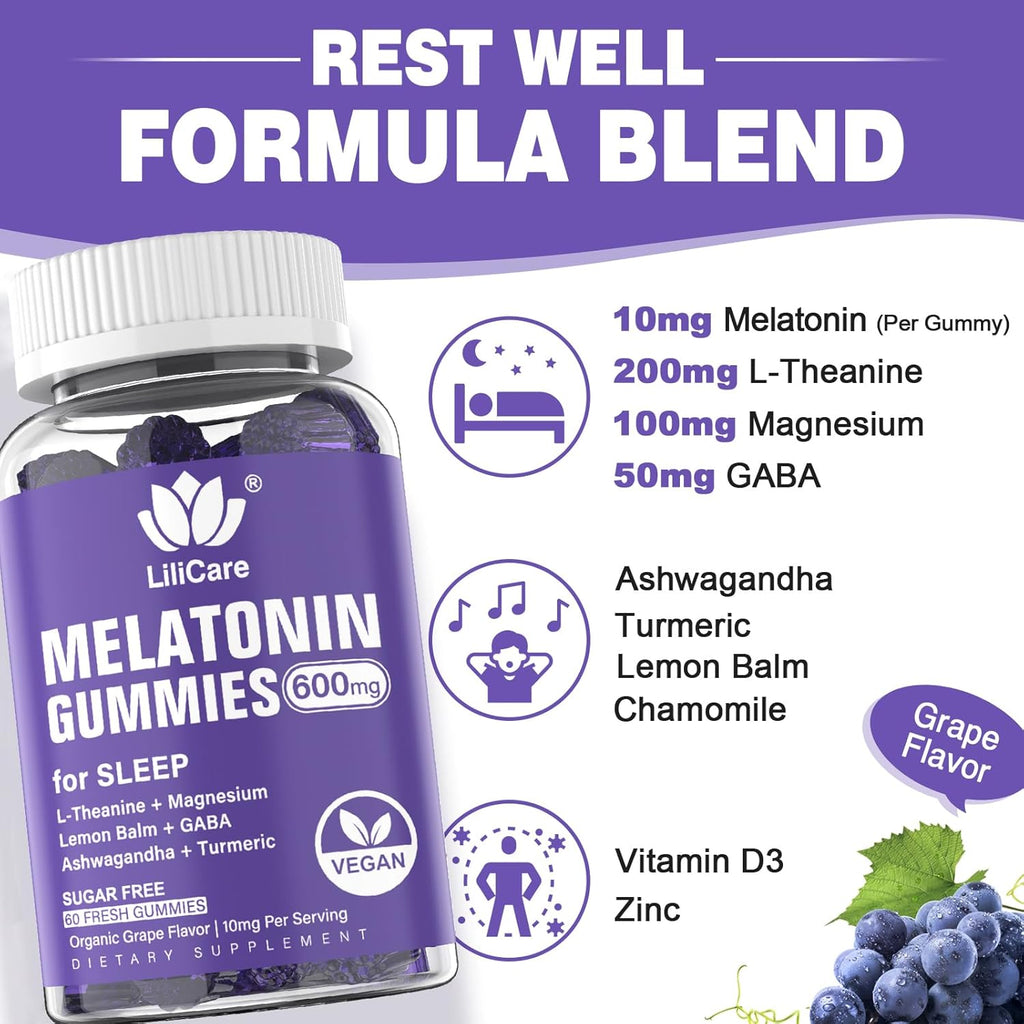 Melatonin Gummies 10mg 20mg for Adults, Extra Strength with L-Theanine, Ashwagandha, Magnesium, Turmeric, GABA, Lemon Balm and Chamomile for Supports Health Circadian Rhythm, Vegan Grape Flavor