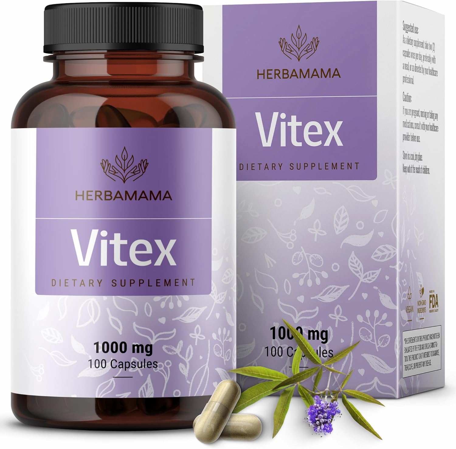 HERBAMAMA Vitex Fruit Capsules - 1000mg Chaste Tree Berry Powder for Women's Support - Vegan, Non-GMO Pure Vitex Chasteberry Supplement for Women, 100 Caps