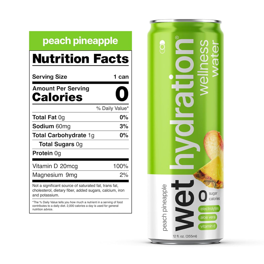 Wet Hydration, Zero Calorie, Functional Wellness Water - Peach Pineapple (12 Ounce Cans, Pack of 12) - Flavored Water, Hydration Drink, No Sugar, No Artificial Ingredients, Zero Calories (Packaging May Vary)