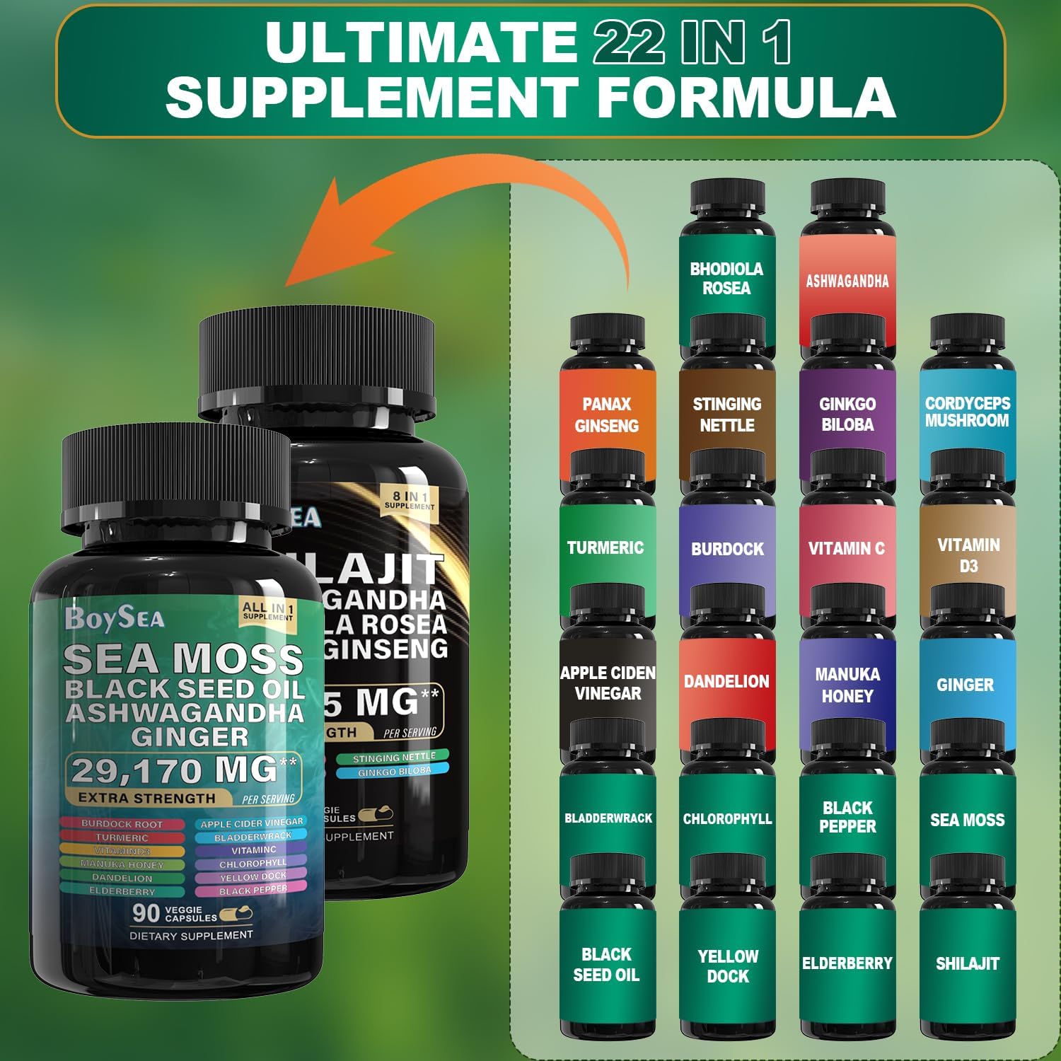 Boysea.Shilajit and Sea Moss Bundle- 90 Count - Sea Moss 7000mg, Black Seed Oil 4000mg, Ashwagandha 2000mg, Ginger & Shilajit 9000mg, Rhodiola Rosea 1000mg, All in 1 Supplements (1 Pc)
