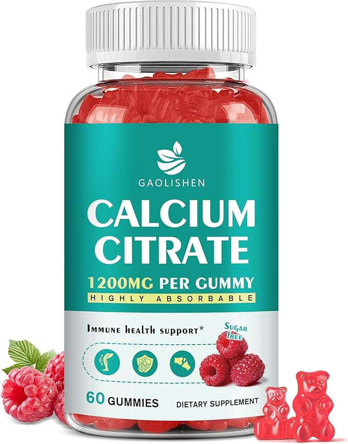 Sugar Free Calcium Citrate 1200mg with Vitamin D3 Supplements Gummies, Calcium Gummies with Vitamin D3, K2 for Women & Men, Raspberry Flavor, 30 Day Supply