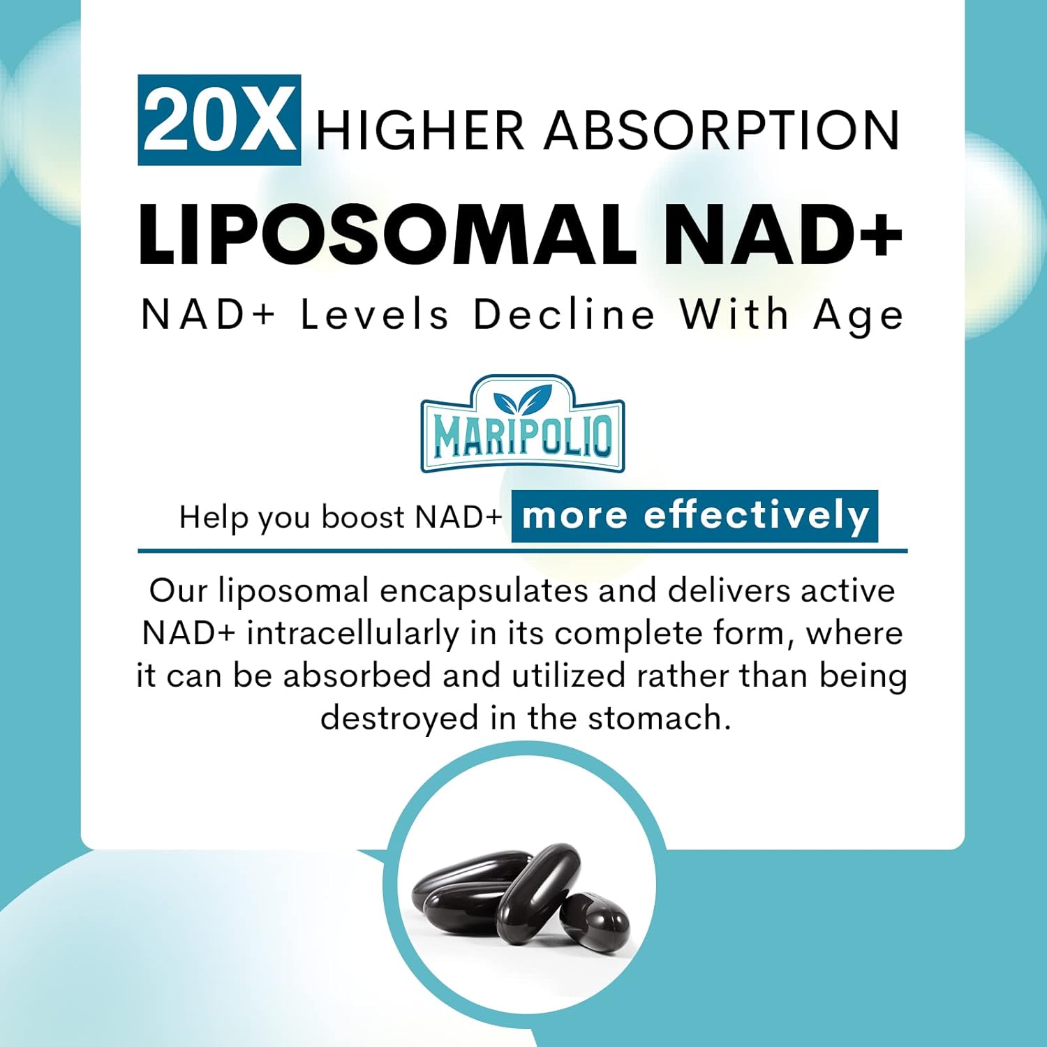 Liposomal NAD+ Supplement 1000 mg | Highest NAD Pontecy | Max Absorption | Pure NAD Supplement | Energy and DNA Repair, Aging Defense, Brain Function | 600 Softgels