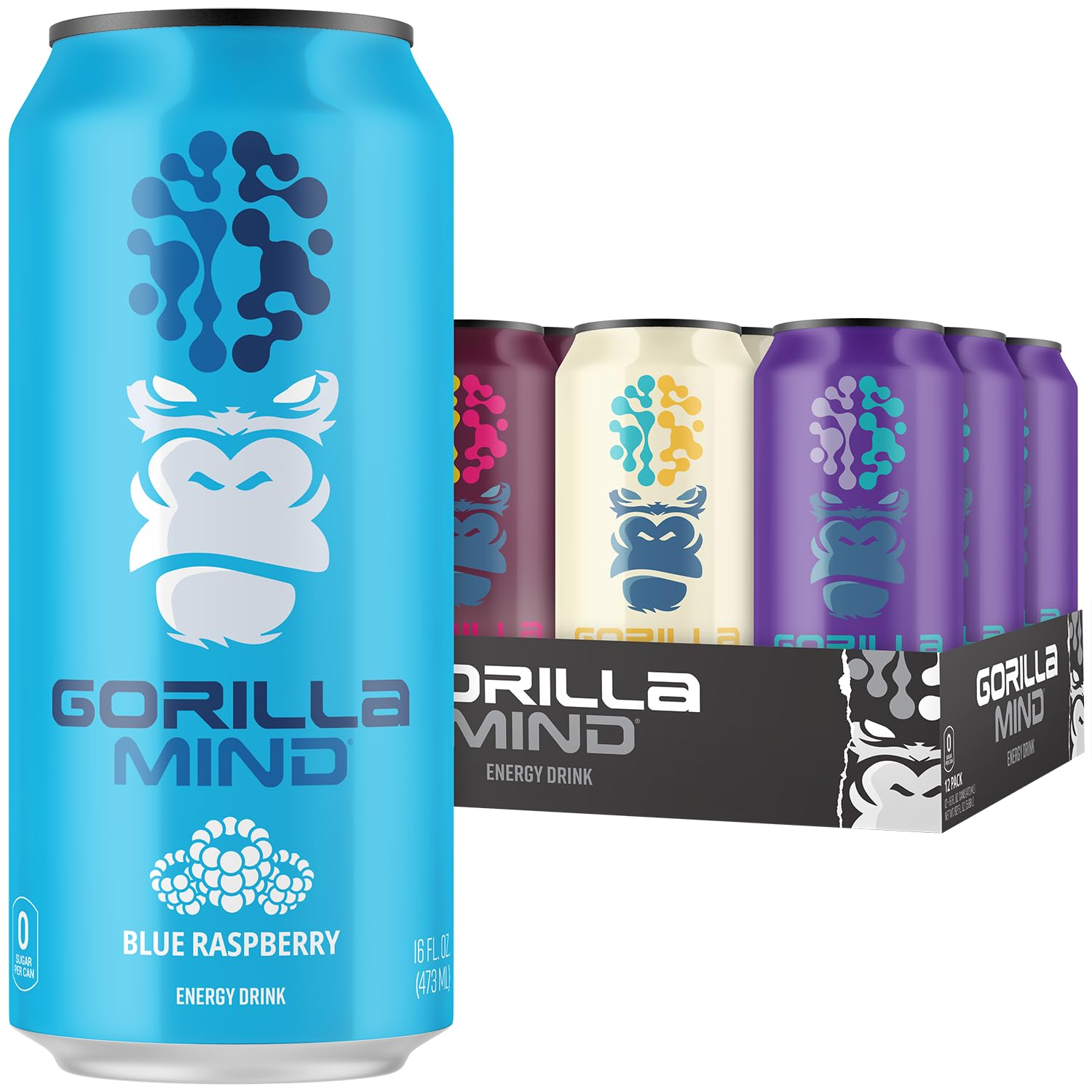 Gorilla Mind Energy Drink | Unmatched Energy · Amplified Focus | N-Acetyl-L-Tyrosine, Alpha-GPC, 200mg Caffeine, Uridine, Saffron | 0 Sugar Or Artificial Colors | 16oz | 12-Pack (Variety Pack #1)