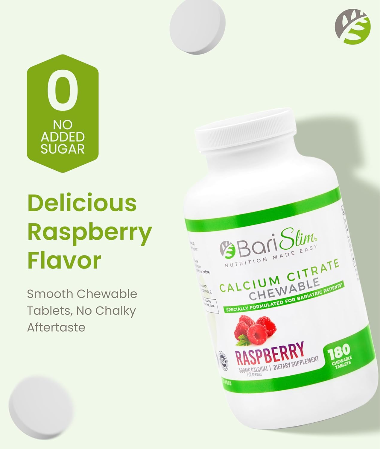BariSlim Bariatric Calcium Citrate with Magnesium & Vitamin D Tabs - 500mg Calcium Citrate - Formulated for Post Weight Loss Surgery - Supports Bone Health | Raspberry Flavor