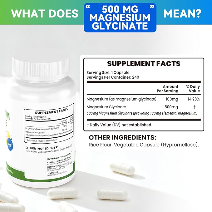 Magnesium Glycinate 500mg per Capsule – 240 Capsules – High Absorption Magnesium Supplement for Relaxation, Calmness & Muscle Support – Gentle on Stomach – Made in USA