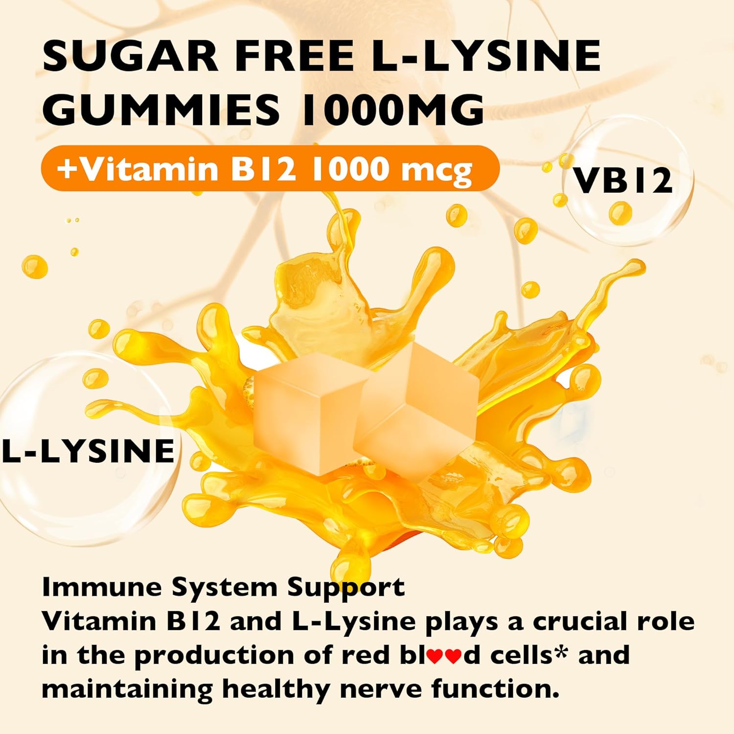 L-Lysine Gummies 1000mg - L-Lysine Supplements for Kids and Adults - Lip and Cold Sore* Support for Women - Chewable Lysine Gummies with Vitamin B12 - Vegan, Non GMO, Gluten-Free, 120 Counts