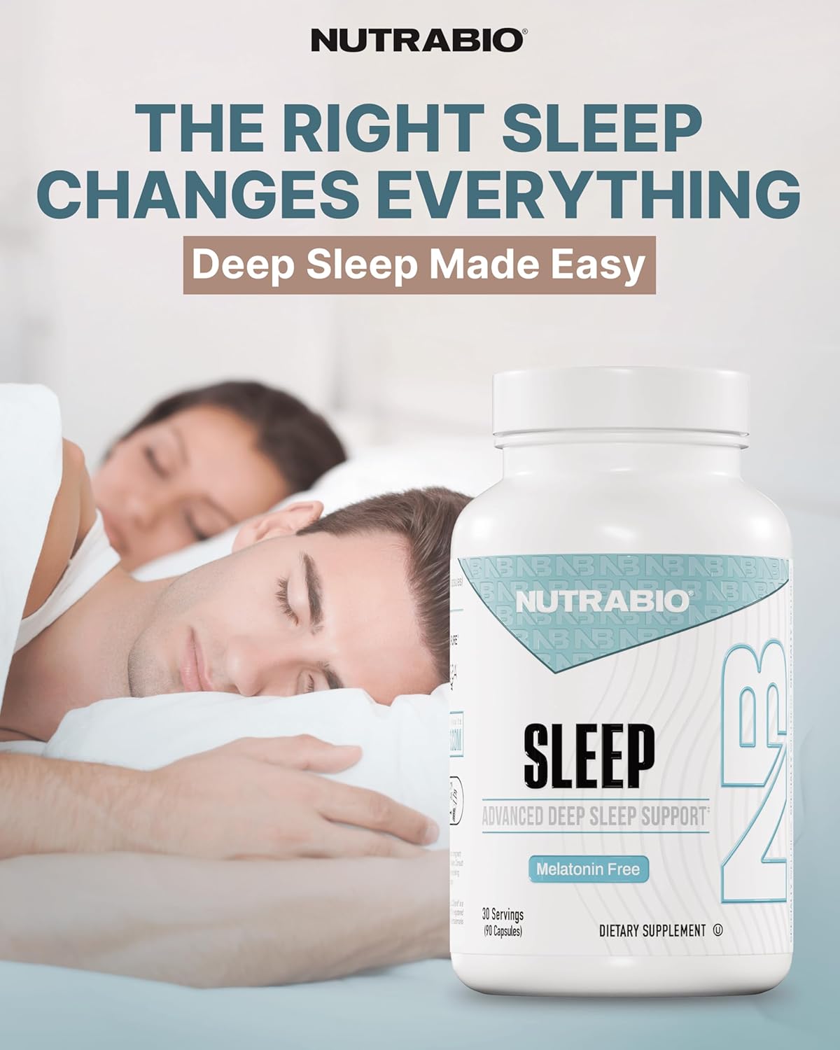 NutraBio Sleep - Advanced Deep Sleep Supplement - Restorative Natural Sleep Aid, Reduces Restlessness - Melatonin Free Sleep Aid - 30 Servings- 90 Capsules