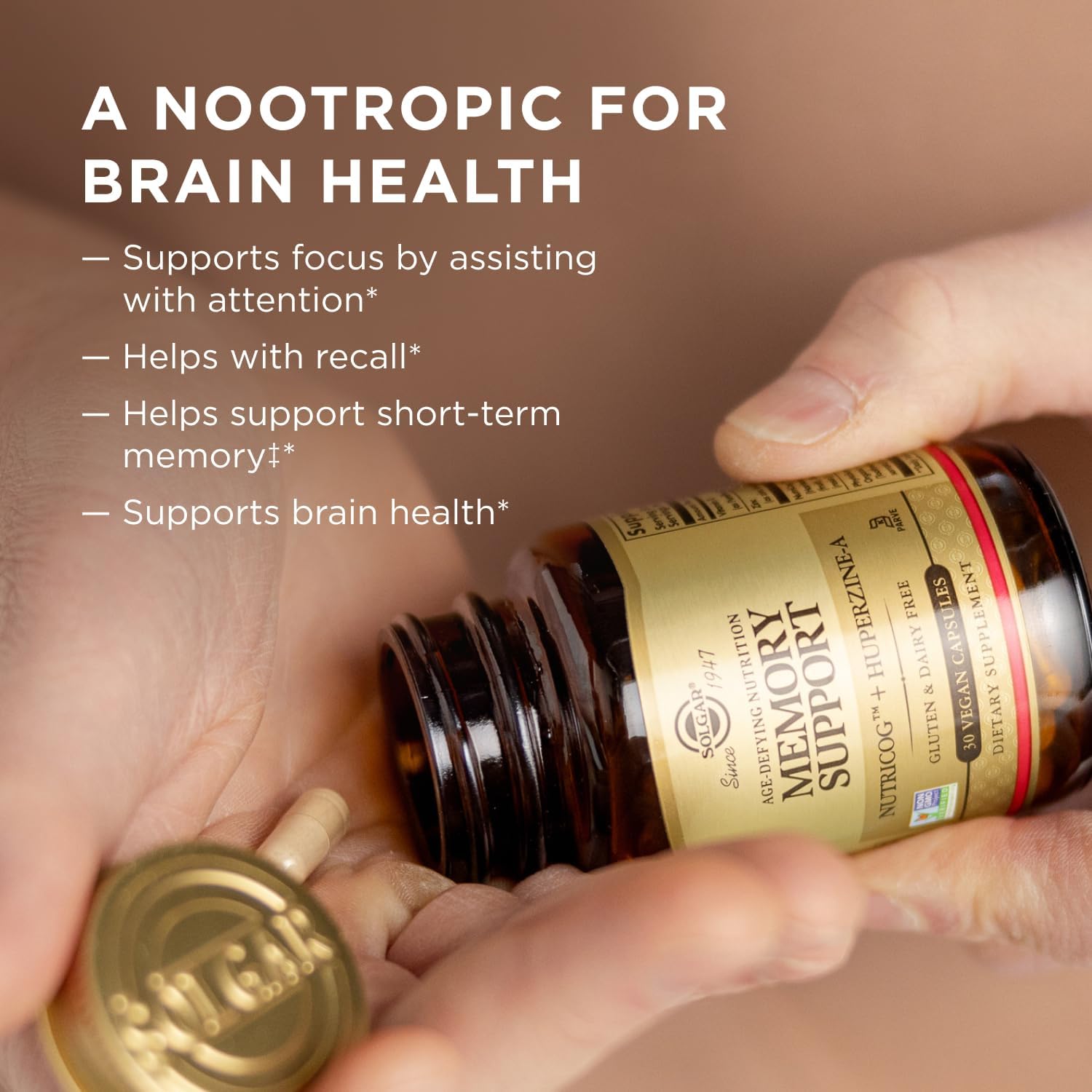 Solgar Memory Support Brain Dietary Supplement for Memory and Focus, Clinically Studied Nutricog, Vitamin D & Huperzine-A, Nootropic Brain Health Supplement, Healthy Aging Support, 30 Servings