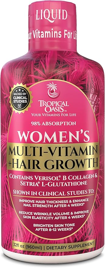 Tropical Oasis Women's Liquid Multivitamin + Hair Growth | 2.5g Verisol Collagen | Biotin 12500mcg | Clinically Tested for Thicker Hair, Wrinkles, Brighter Skin, Strong Nails | 32 Serv