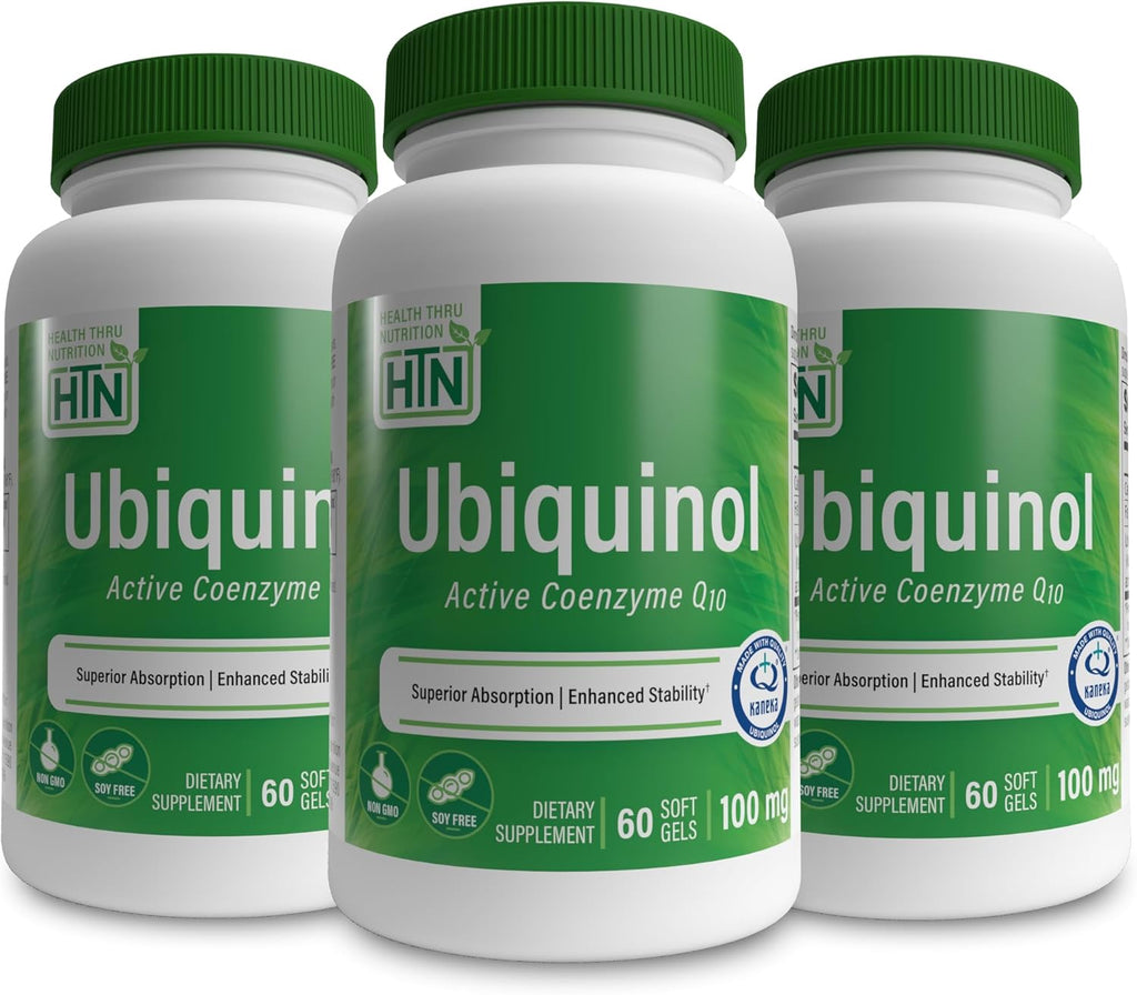 Health Thru Nutrition Ubiquinol 100mg as Kaneka QH Reduced CoQ-10 | Stabilized-3rd Party Tested | Enhanced Bioavailability | Cardiovascular & Mitochondria Function Support | (Pack of 3 60ct Bottles)