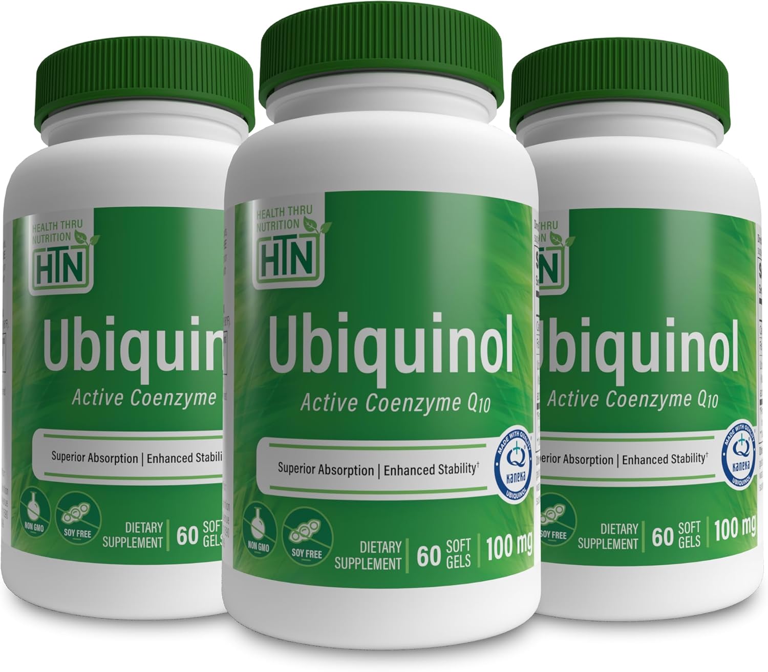 Health Thru Nutrition Ubiquinol 100mg as Kaneka QH Reduced CoQ-10 | Stabilized-3rd Party Tested | Enhanced Bioavailability | Cardiovascular & Mitochondria Function Support | (Pack of 3 60ct Bottles)