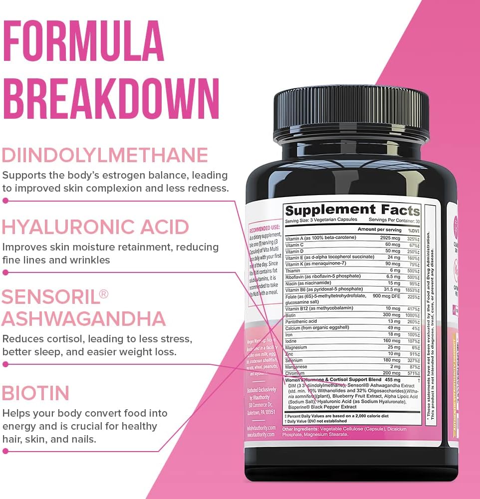 Multivitamin for Women Women’s Daily Multi-Vitamin Supplement with DIM, Iodine, Ashwagandha Supports Youthful Complexion, Healthy Cortisol and Estrogen Balance 30 Day Supply