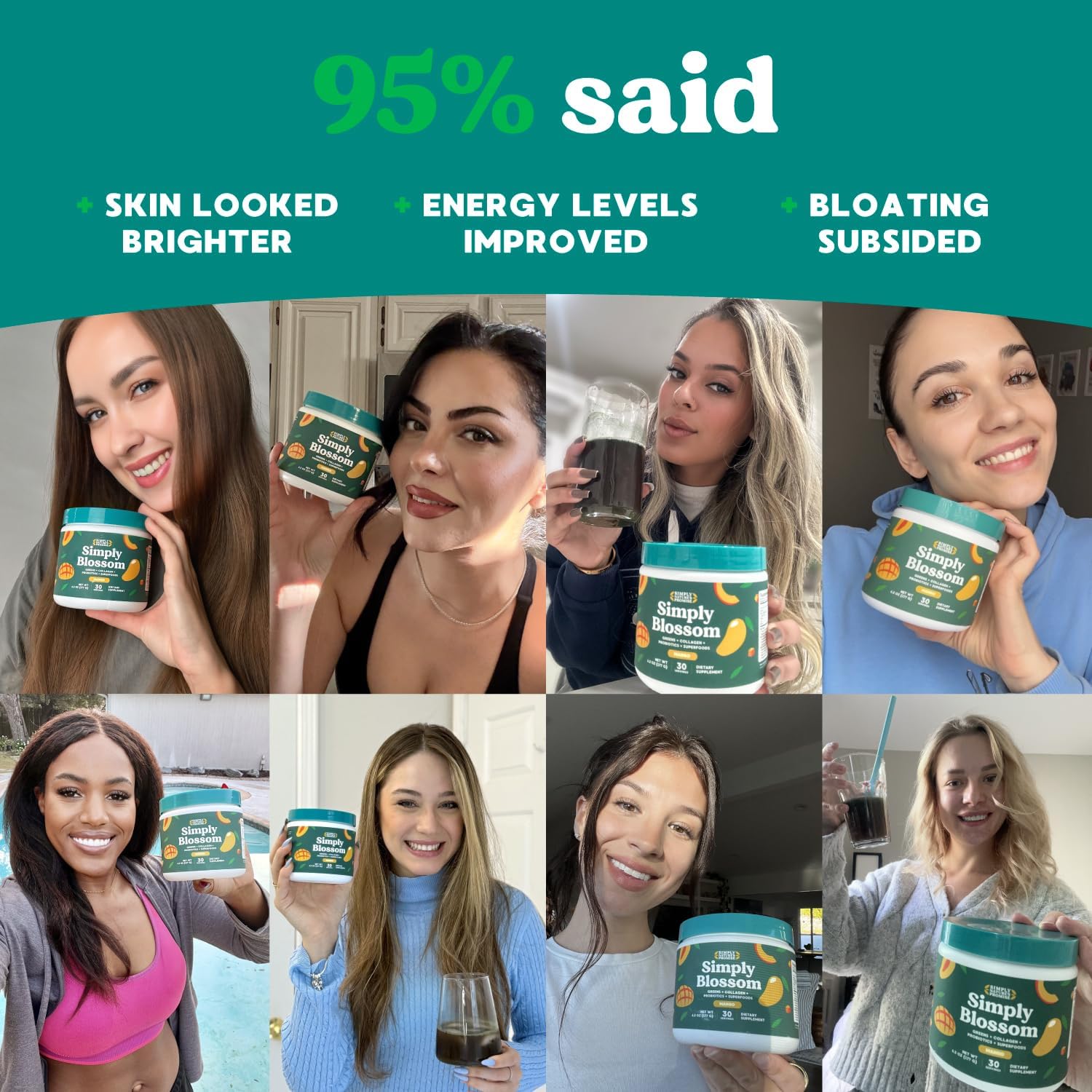 Simply Blossom Nutrition Daily Greens & Superfood Powder + Collagen + Probiotics for Women's Digestive Health & Bloating Relief. Help Your Health Bloom - 2 Month Supply - Mango