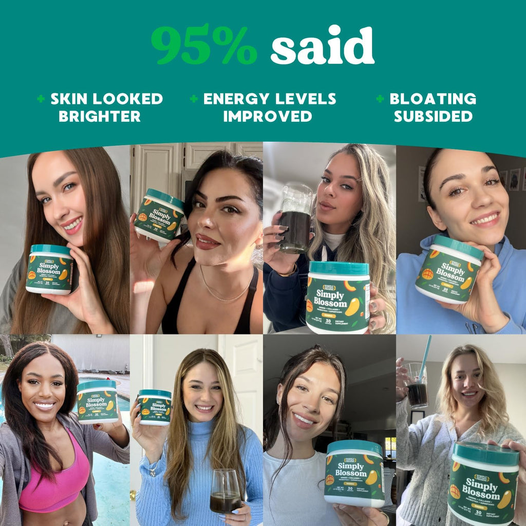 Simply Blossom Nutrition Daily Greens & Superfood Powder + Collagen + Probiotics for Women's Digestive Health & Bloating Relief. Help Your Health Bloom - 3 Month Supply - Mango
