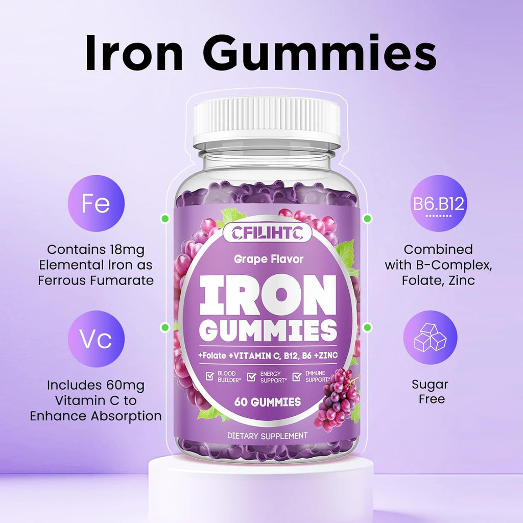 Iron Supplement for Women & Men - Iron Gummies with Vitamin B6, B12, C, Zinc, Folate for Adults & Kids - Support Iron Deficiency, Anemia, Energy Boost, Blood Builder - Sugar Free Vegan 60ct Grape