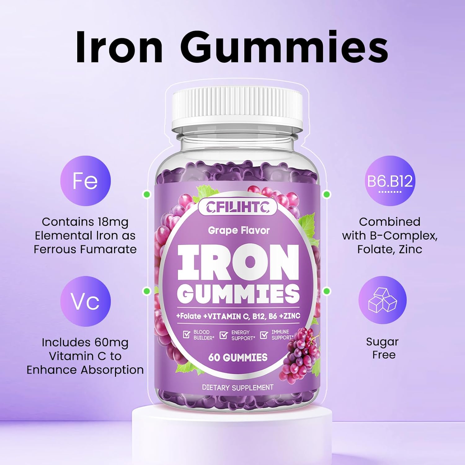 Iron Supplement for Women & Men - Iron Gummies with Vitamin B6, B12, C, Zinc, Folate for Adults & Kids - Support Iron Deficiency, Anemia, Energy Boost, Blood Builder - Sugar Free Vegan 60ct Grape