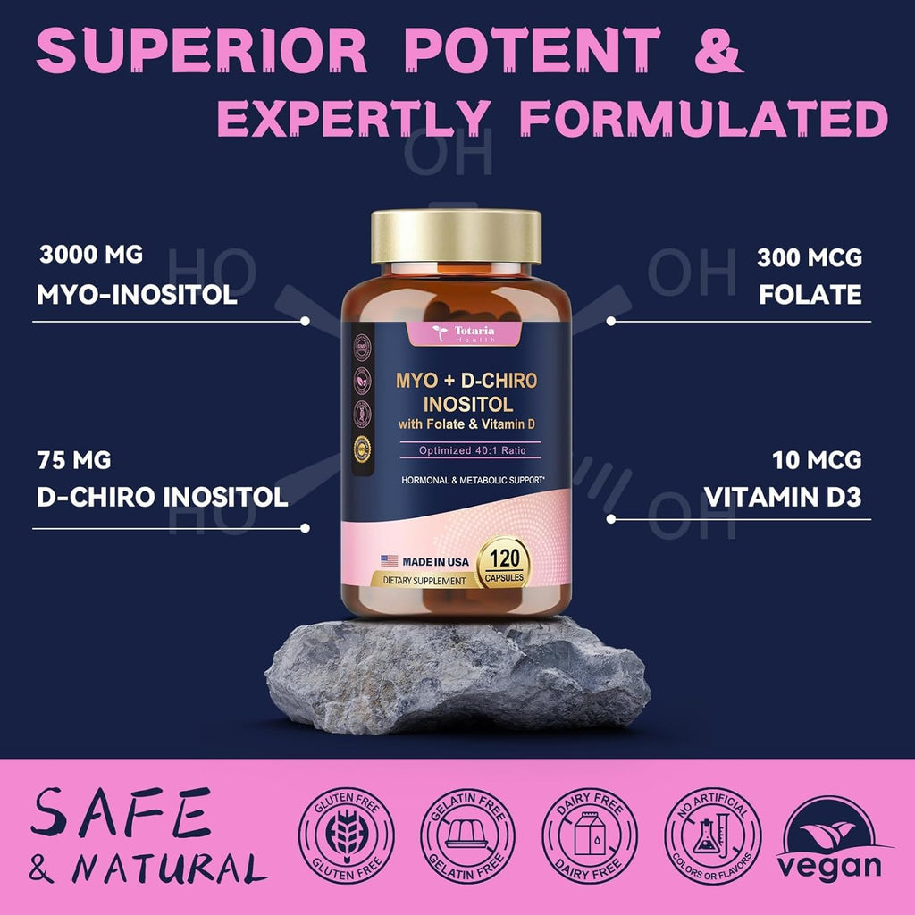 Inositol Supplement for Women with Vitamin D3, Folate, 40:1 Ratio Myo-Inositol & D-Chiro Inositol Complex, (Vitamin B8) Inositol Capsules, Pack of 2