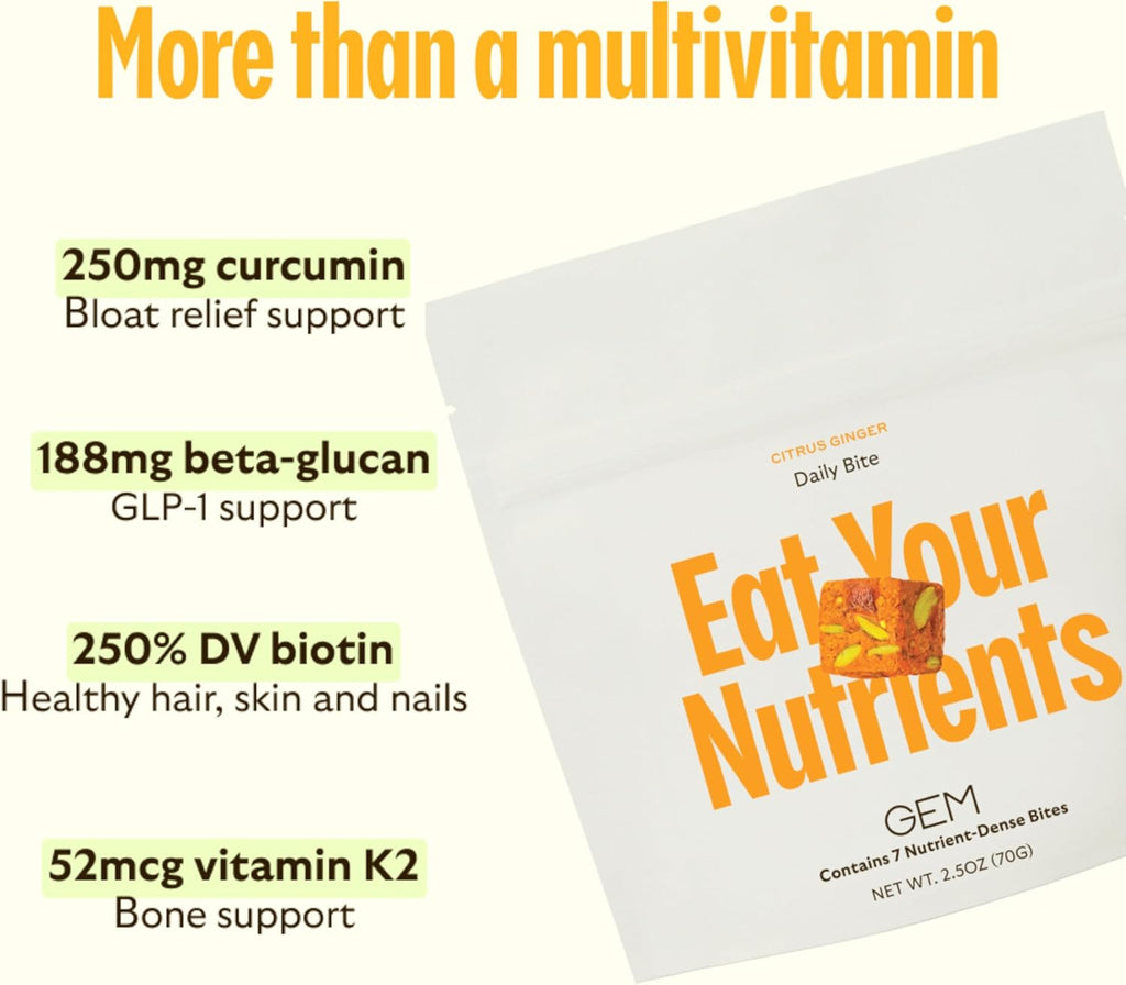 GEM Daily Multivitamin for Women & Men, 20+ Vitamins & Minerals zinc, Vitamin D, B, K, Folic Acid, Turmeric, Beta Glucan GLP-1 booster, Supports Gut, Skin, Brain, Immunity (Citrus Ginger, 28 Servings)