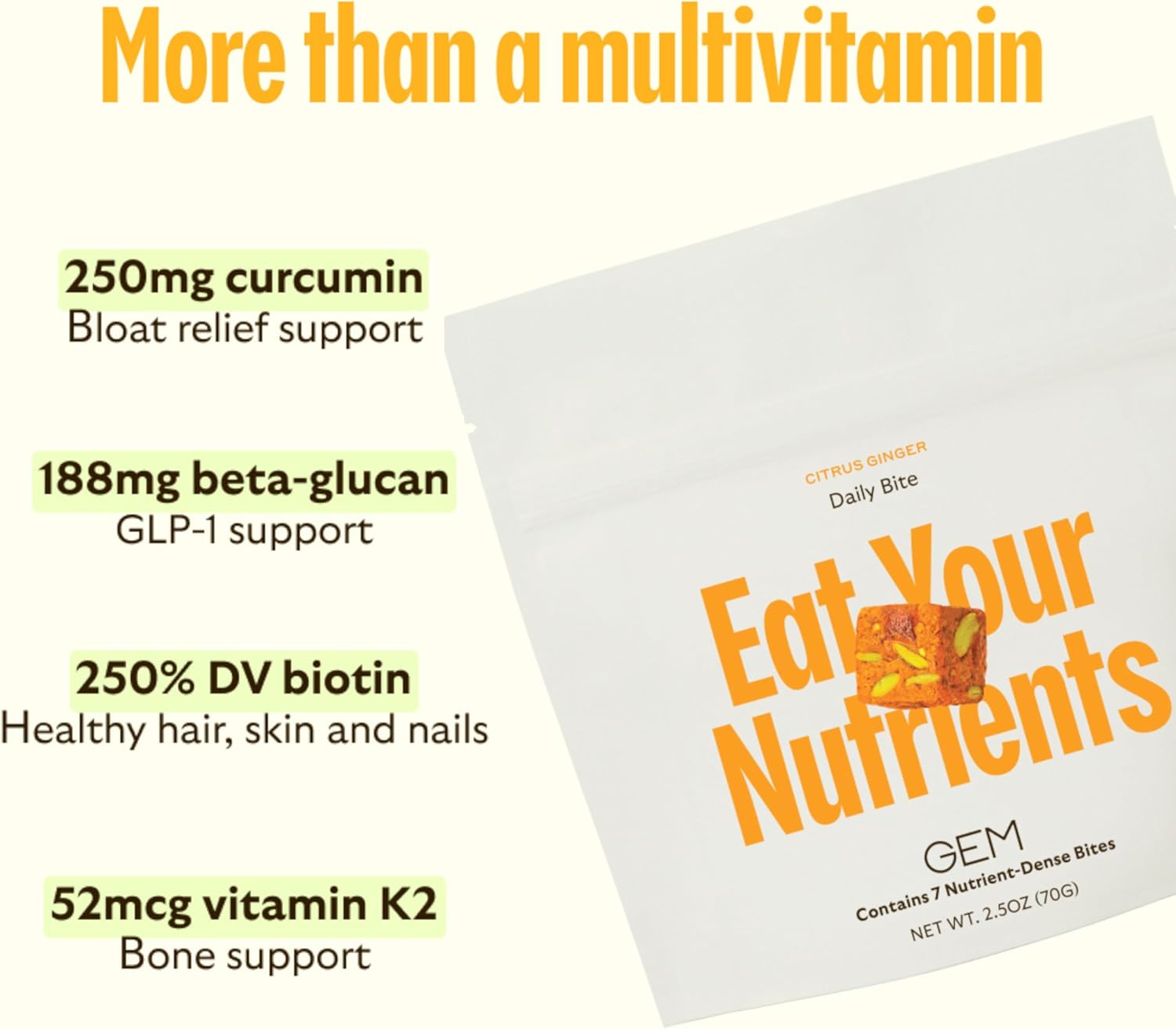 GEM Daily Multivitamin for Women & Men, 20+ Vitamins & Minerals zinc, Vitamin D, B, K, Folic Acid, Turmeric, Beta Glucan GLP-1 booster, Supports Gut, Skin, Brain, Immunity (Citrus Ginger, 28 Servings)