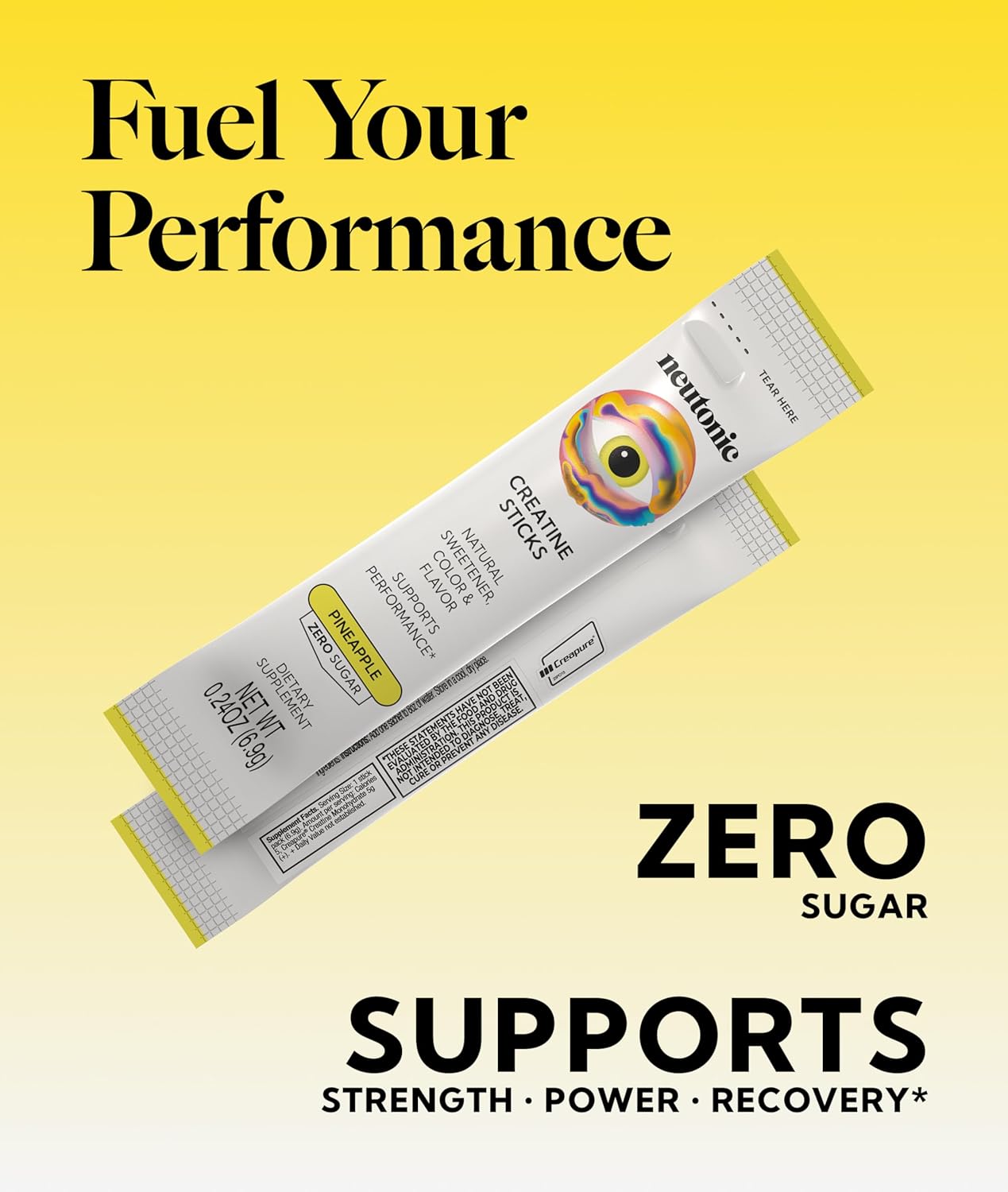 neutonic Creatine Monohydrate | Pineapple Flavored | Premium Micronized Creapure Creatine Powder | Supports Strength and Power | Zero Sugar, Vegan | Convenient Single-Serve Packets | 30 Sticks
