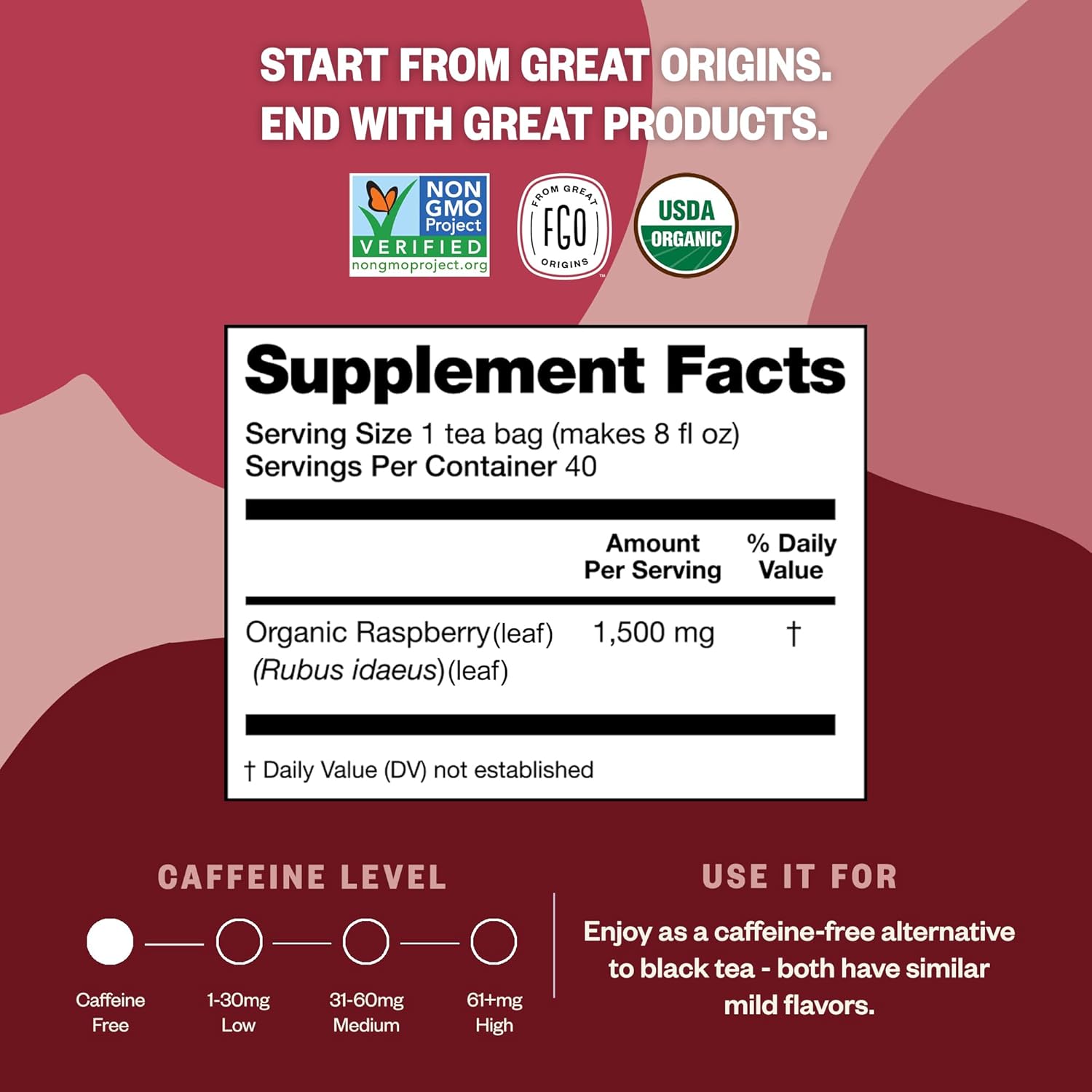 FGO Organic Red Raspberry Leaf Tea Bags, 100 Eco-Conscious Tea Bags, Caffeine Free, Imported from Germany, Reseable Bag, Packaging May Vary (Pack of 1)