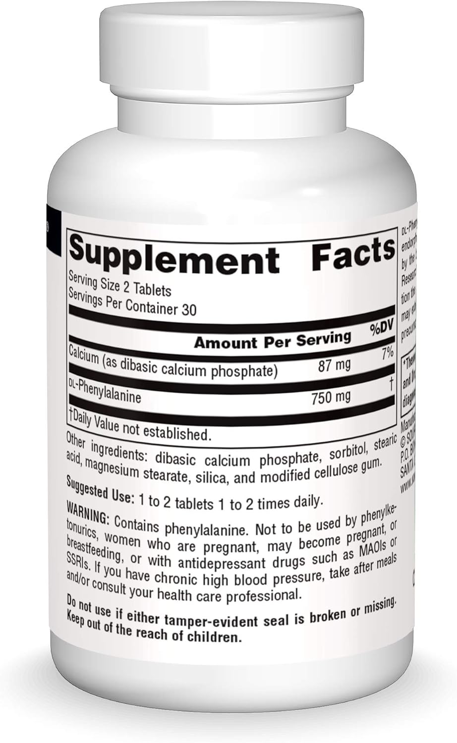 Source Naturals DLPA DL-Phenylalanine 375 mg Supplement That Supports an Alert State - 60 Tablets