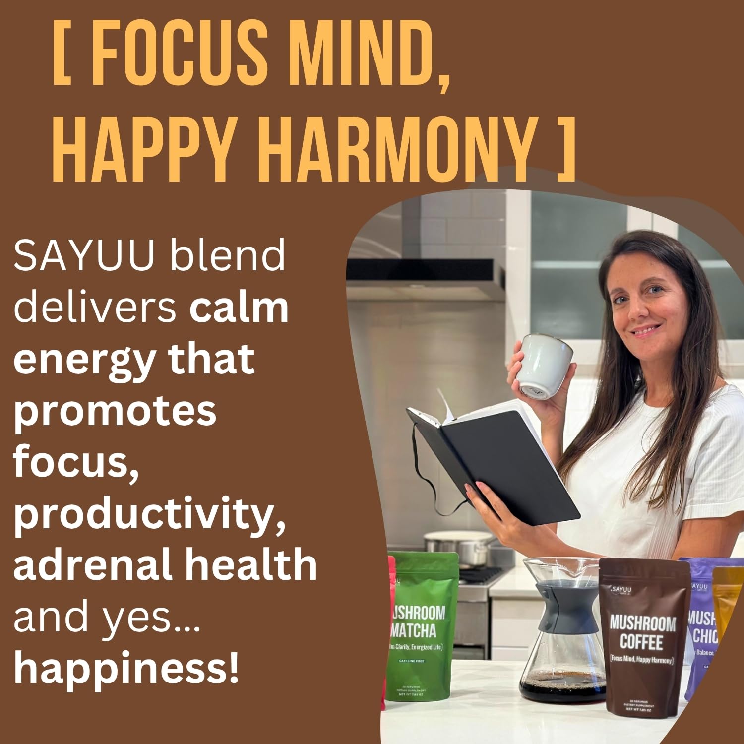 SAYUU Mushroom Coffee Blend – Focus, Energy & Harmony – Vegan, Functional Mushrooms, Cordyceps, Lion’s Mane & Reishi –Dietary Supplement - 30 Servings