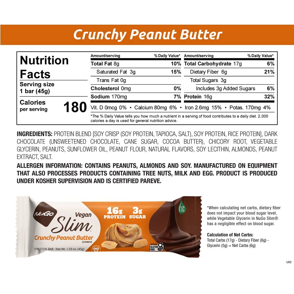 NuGo Slim Dark Chocolate Crunchy Peanut Butter, 17g Vegan Protein, 3g Sugar, 12 Count and NuGo Plant Protein Powder, 20g Protein, 3g Sugar, 25 Servings