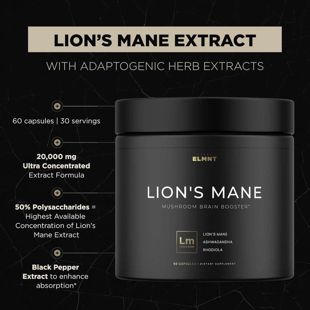 20,000mg 16x Strength Lions Mane Supplement Capsules Super Nootropic w. Ashwagandha & Rhodiola - Highest Potency Lion's Mane Mushroom Extract 50% Polysaccharides Brain Supplements for Memory and Focus